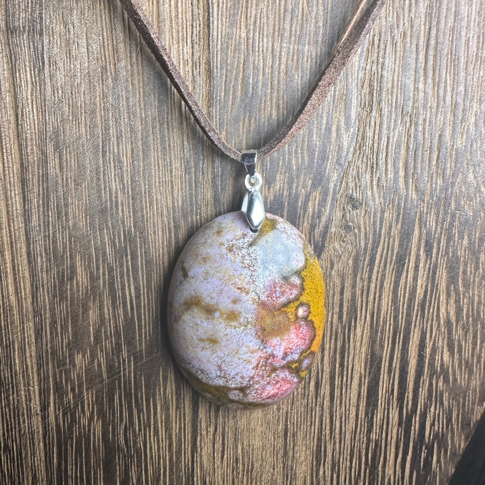 Ocean Jasper Oval Pendant Necklace on Brown Faux Suede - Picture 10 of 15